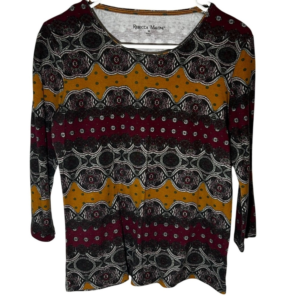 Rebecca Malone Warm Color Patterned 3/4 Sleeve Shirt Women's Size Medium